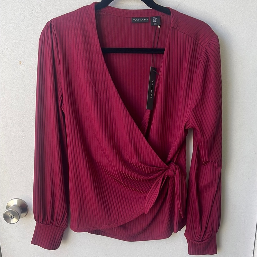 Tahari Red Ribbed Wrap Blouse Long Sleeve